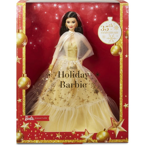 2023 Holiday Barbie Doll, Seasonal Collector Gift, Golden Gown and Black Hair