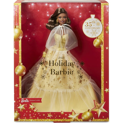 2023 Holiday Barbie Doll, Seasonal Collector Gift, Golden Gown and Dark Brown Hair
