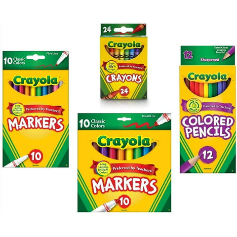 CRAYOLA BUNDLE-Crayola Crayons (24 Count), Crayola Colored Pencils in Assorted Colors (12 Count), Crayola (10ct) Classic Fine Line Markers, and Crayola (10ct) Classic Broad Line Markers