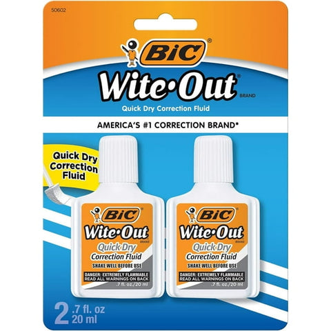 BIC Wite-Out Quick-Dry Correction Fluid, 20 mL Bottles, White, Pack Of 2