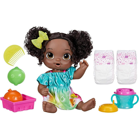 Baby Alive Fruity Sips Doll, Toys for 3 Year Old Girls, 12-inch Baby Doll Set, Drinks & Wets, Pretend Juicer, Black Hair