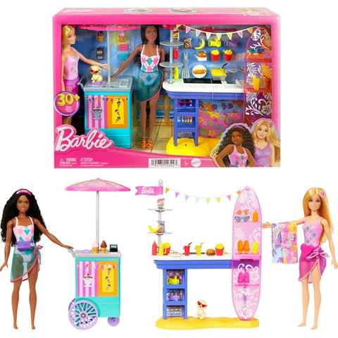 Barbie Beach Boardwalk Playset with Barbie “Brooklyn” & “Malibu” Dolls, 2 Stands & 30+ Accessories