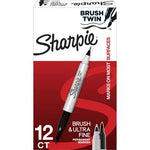 Sharpie Brush Twin Permanent Markers - Fine, Broad, Ultra Fine Marker Point - Black - 12 / Dozen | Bundle of 2 Dozen