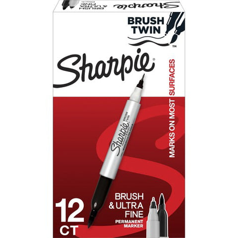 Sharpie Brush Twin Permanent Markers - Fine, Broad, Ultra Fine Marker Point - Black - 12 / Dozen | Bundle of 2 Dozen